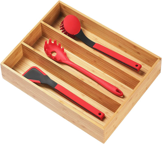 Umilife Bamboo Kitchen Utensils Organizer, 13 Inch Drawer Dividers for Silverware, Extra Deep Holder, with Non-Slip Feet,