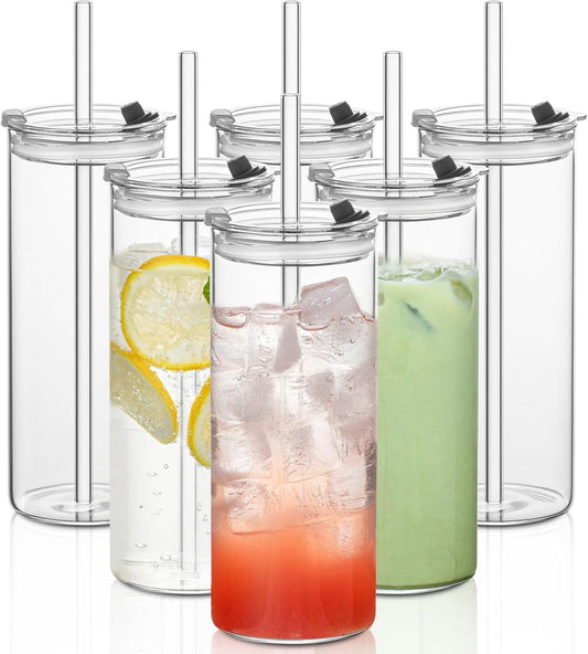 KEMORELA 6-Pack 18oz Large Round Glass Cups with Lids & Straws – Clear Tumblers for Iced Coffee, Juice, Smoothies –