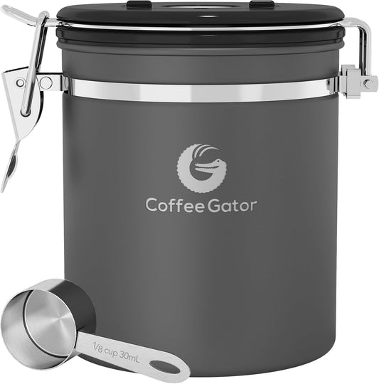 Coffee Gator Stainless Steel Canister - Medium 16oz, Gray Coffee Grounds and Beans Container with Date-Tracker, CO2-Release