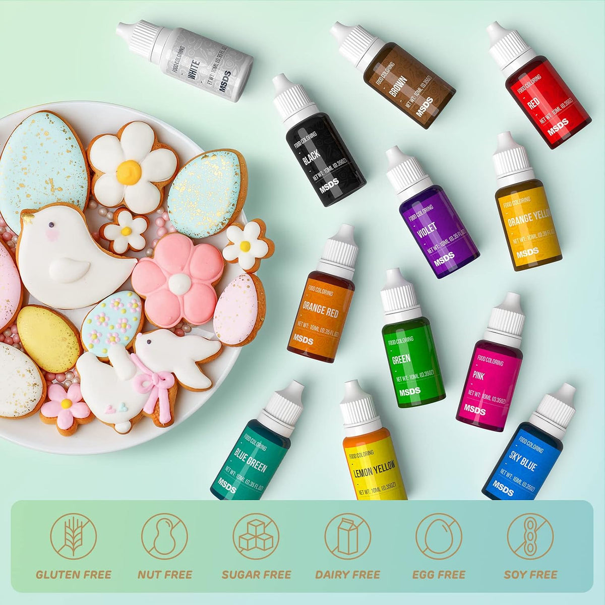 14 Food Coloring Set, Nomeca Liquid Vibrant Food Color Tasteless Food Dye for Baking, Icing, Cake Decorating, Fondant, Easter Egg, Slime Making DIY Supplies Kit - 0.35 Fl. oz (10 ml)/Bottles
