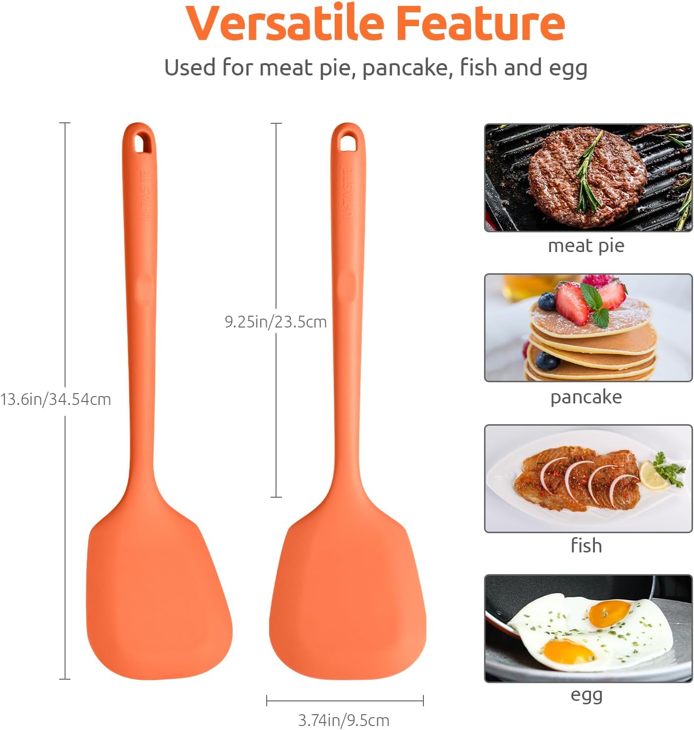 U-Taste Silicone Turner Cooking Spatula, 13.6" Long/3.7" Wide, Orange | 600ºF Heat Resistant Food Grade Silicone Kitchen Utensils, Flexible Egg Flipper &amp; Pancake Spatula Turner for Non Stick Pans