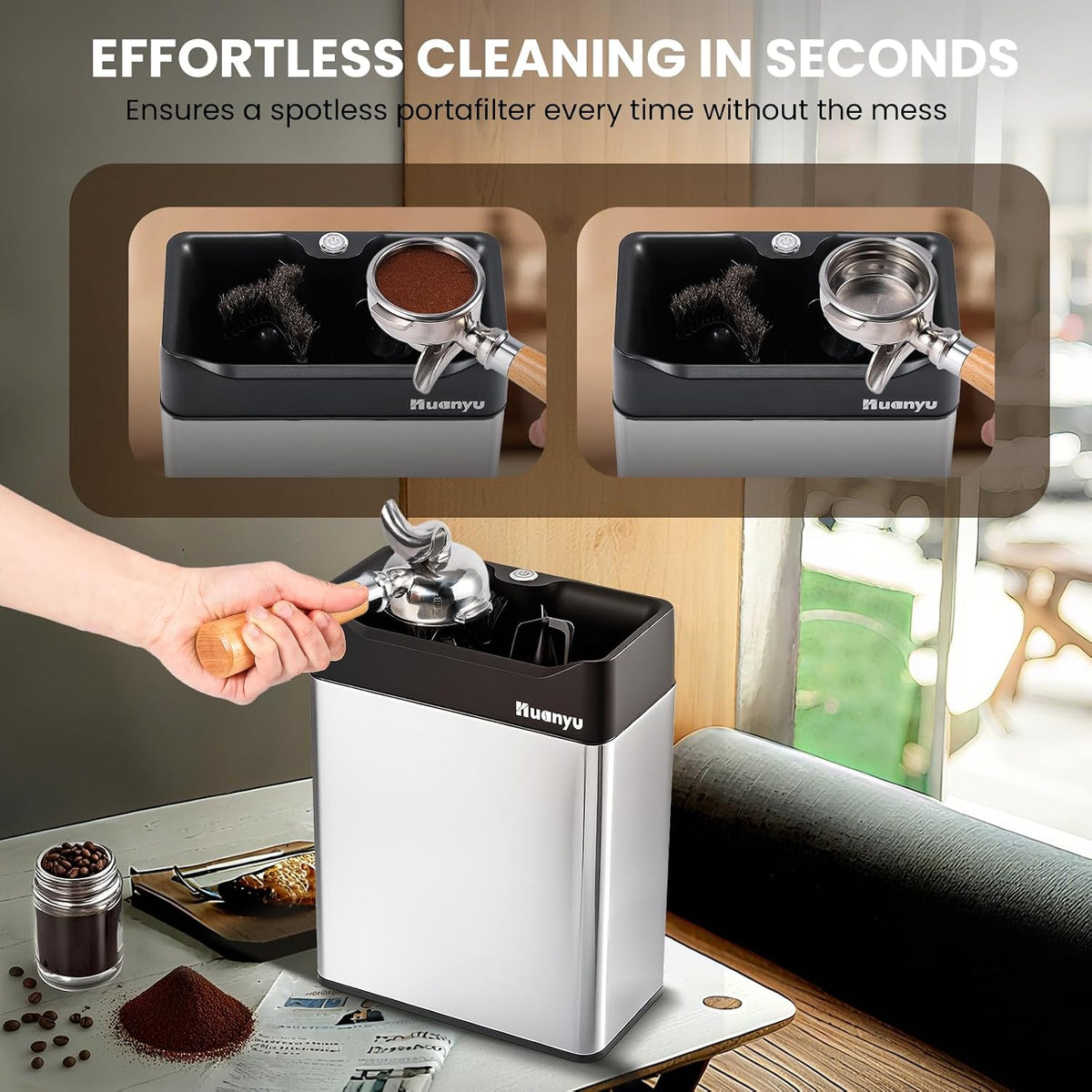 Huanyu 6L Automatic Portafilter Cleaner, 3-Way Installation, for 51&amp;58mm | 6l capacity for 50+ cycles, dual brush heads, 3 size scrapers fits 51&amp;58mm portafilters, stainless steel, for mid-volume cafe