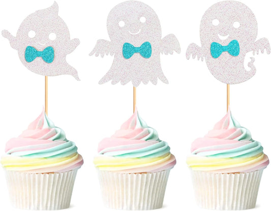 24Pcs Ghost Cupcake Toppers - Bule Halloween, Bule and White Halloween Birthday Decorations, Bule Halloween Baby Shower