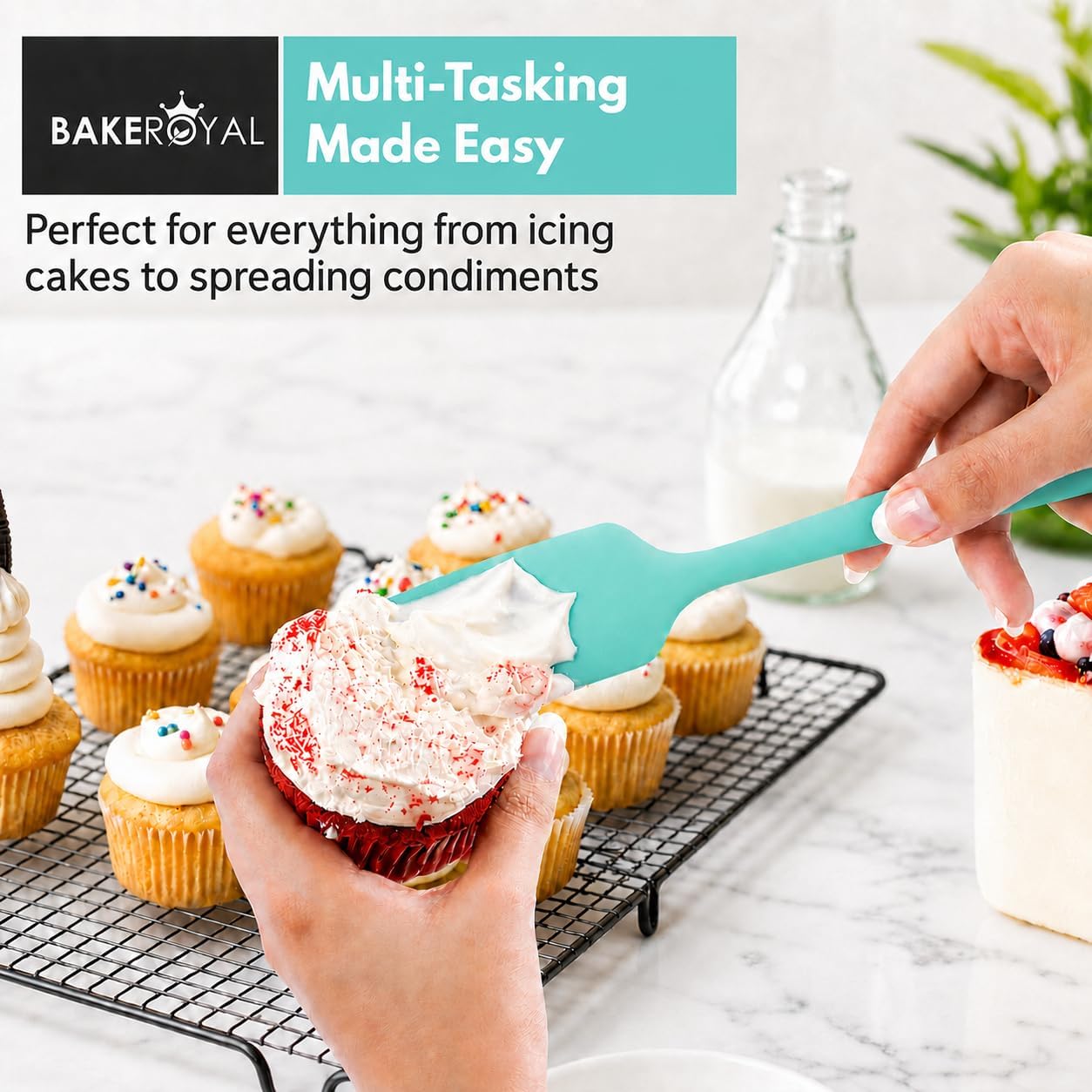 BakeRoyal Silicone Spatula Set, 600°F Heat Resistant, 4 Piece BPA-Free Food Grade Silicone Kitchen Utensils Set for Baking, Cooking &amp; Mixing, Non Stick Silicone Cooking Utensils Set - Aqua