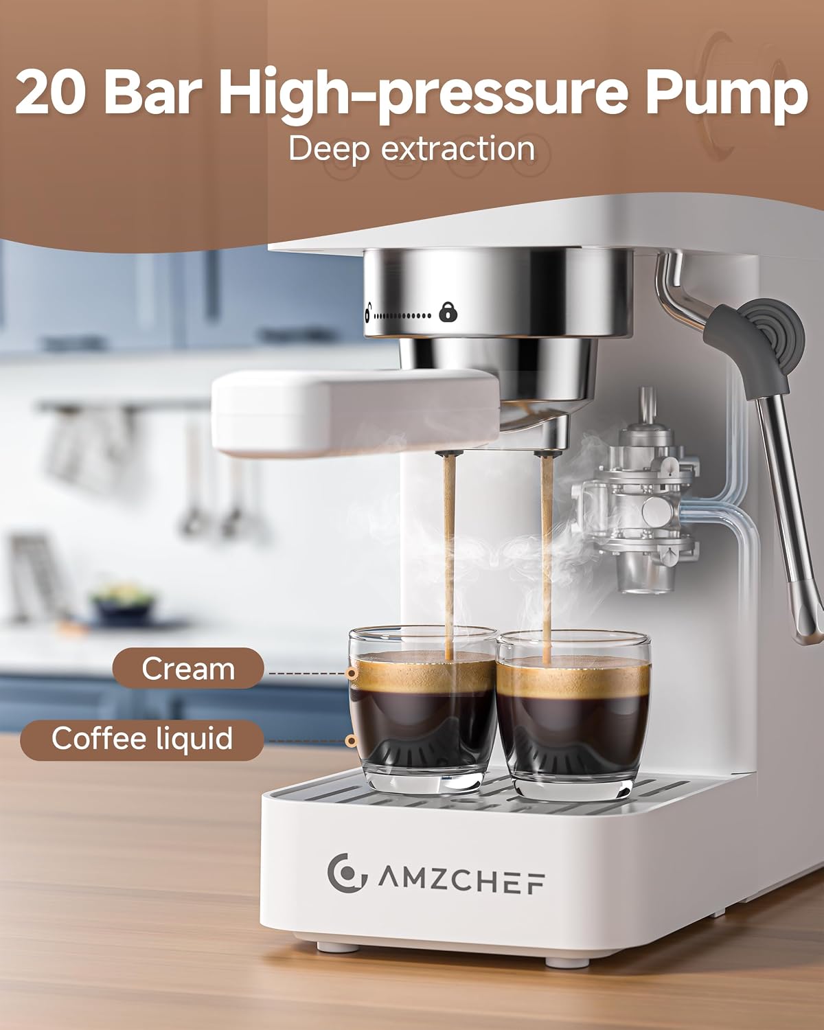 AMZCHEF Compact Espresso Machine 20 Bar, Americano, Latte &amp; Cappuccino | Easy One-Touch Brewing, 30s Heat-Up, Stable PID Control, Easy Milk Frothing, Compact Design, 50oz Tank, White