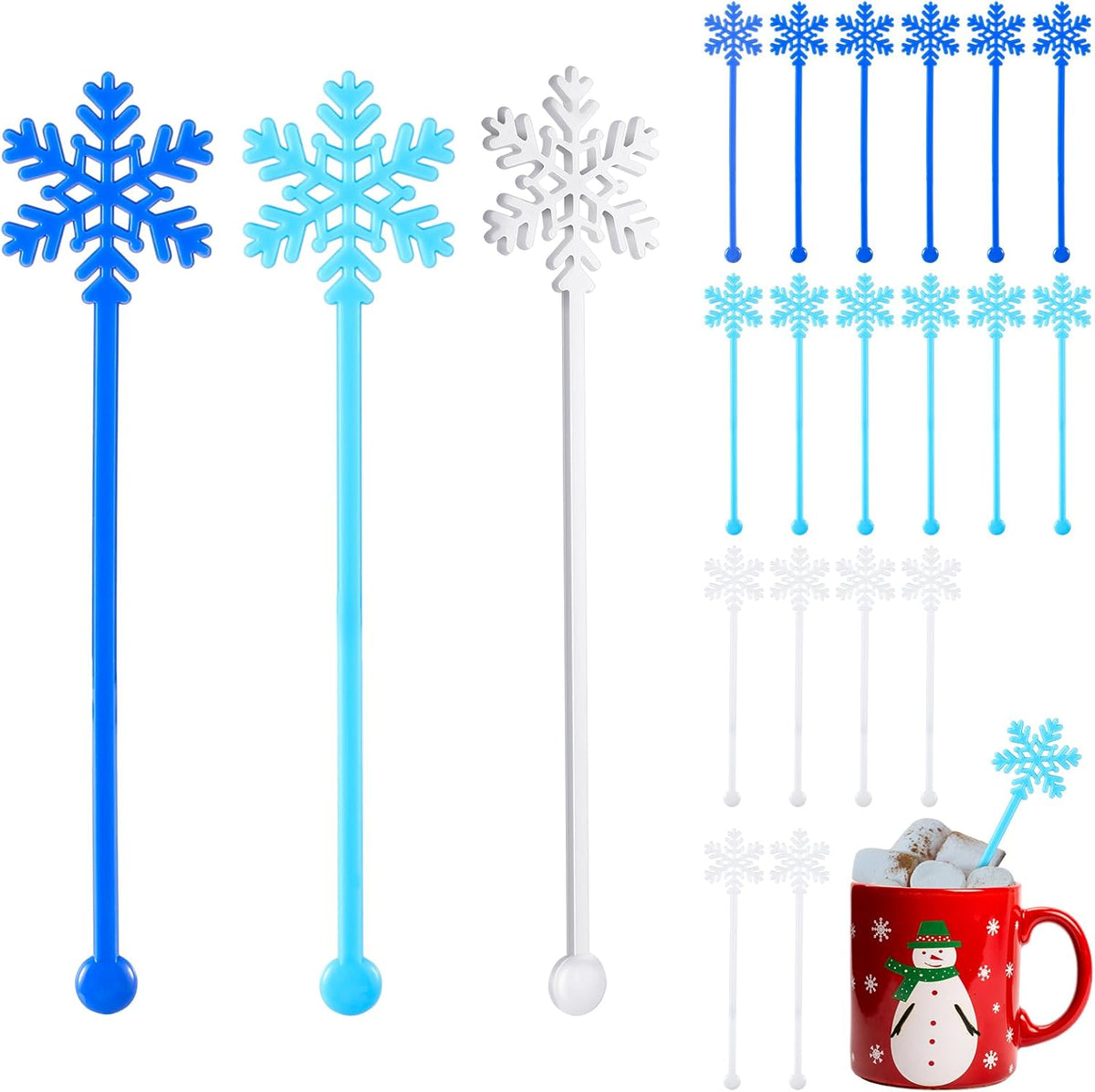 30 Pcs Christmas Drink Stirrers Xmas Stir Stick Holiday Coffee Swizzle Stick Reusable Plastic Hot Cocoa Bar Chocolate Decoration Cocktail Mixer(Blue Snowflake,Blue White)