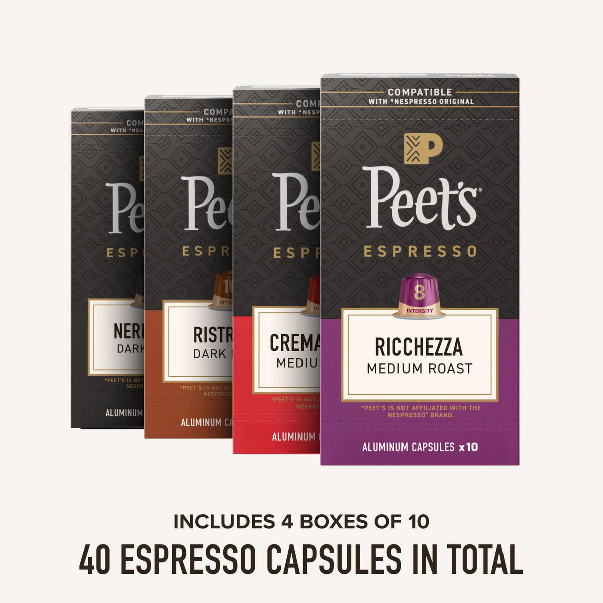 Peet's Coffee, Dark and Medium Roast Espresso Capsules Variety Pack, Compatible with Nespresso Original Machine, 100% Arabica Coffee - Intensity 8-11, 40 Count (4 Boxes of 10 Espresso Capsules)