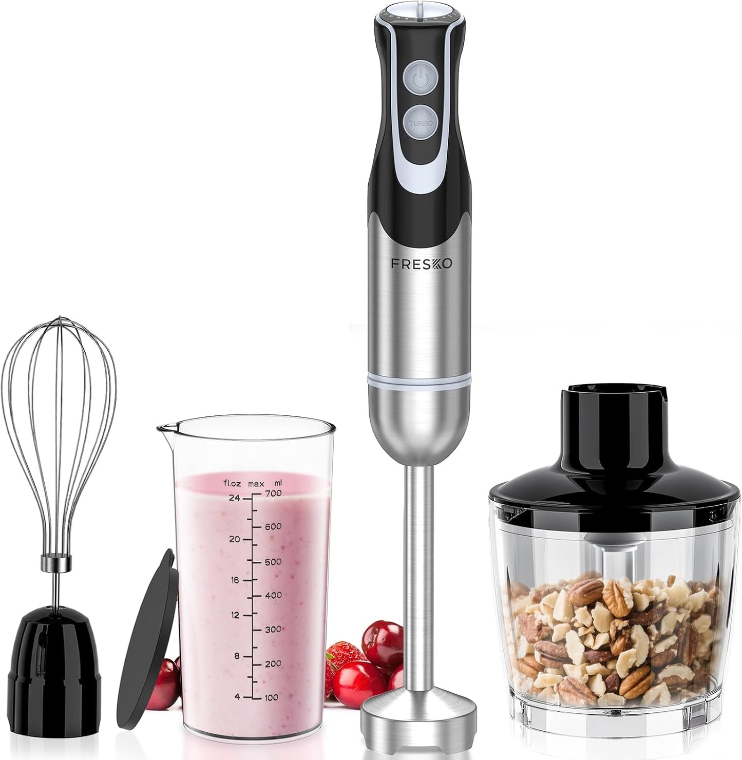 Immersion Blender Handheld, 4-In-1 Hand Blender with 12-Speeds &amp; Turbo Mode | 500W Emulsion Blender, Egg Whisk, 24oz Beaker &amp; Chopper Bowl, Stick Mixer for Baby Food, Smoothies, Soups &amp; Sauces