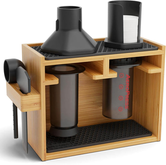 HEXNUB – Bamboo Organizer for AeroPress, Coffee Caddy Station Holds AeroPress Coffee Maker, Accessories, Filters, Cups,