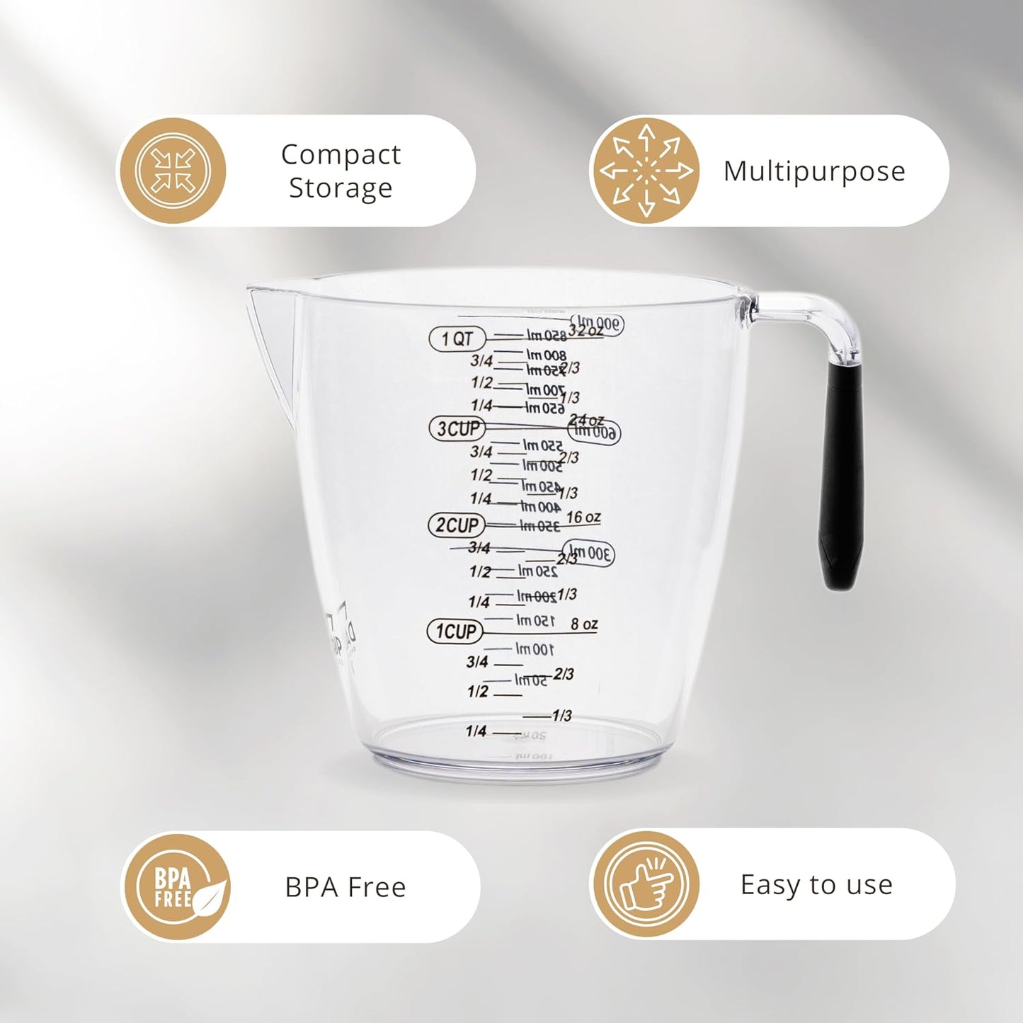 Dalup Measuring Cup Set – Clear Plastic Liquid Measuring Cups (8/16/32 oz) with Spout &amp; Non-Slip Handle | 3-Piece Plastic Measuring Cup Set for Liquids &amp; Dry Ingredients