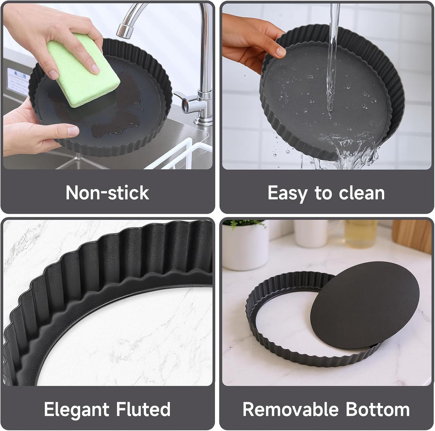 8.6" Fluted Non-Stick Carbon Steel Tart Pan with Removable Bottom | Easy Release Removable Bottom, For Tarts Pies Quiches Fruit &amp; Brownies, Easy to Clean, Multipurpose Bakeware