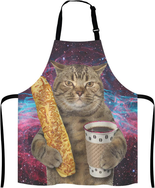 Funny Galaxy Cat Adjustable Bib Apron, The cat is holding a cup of black coffee and a baguette Cooking Kitchen Apron for Men