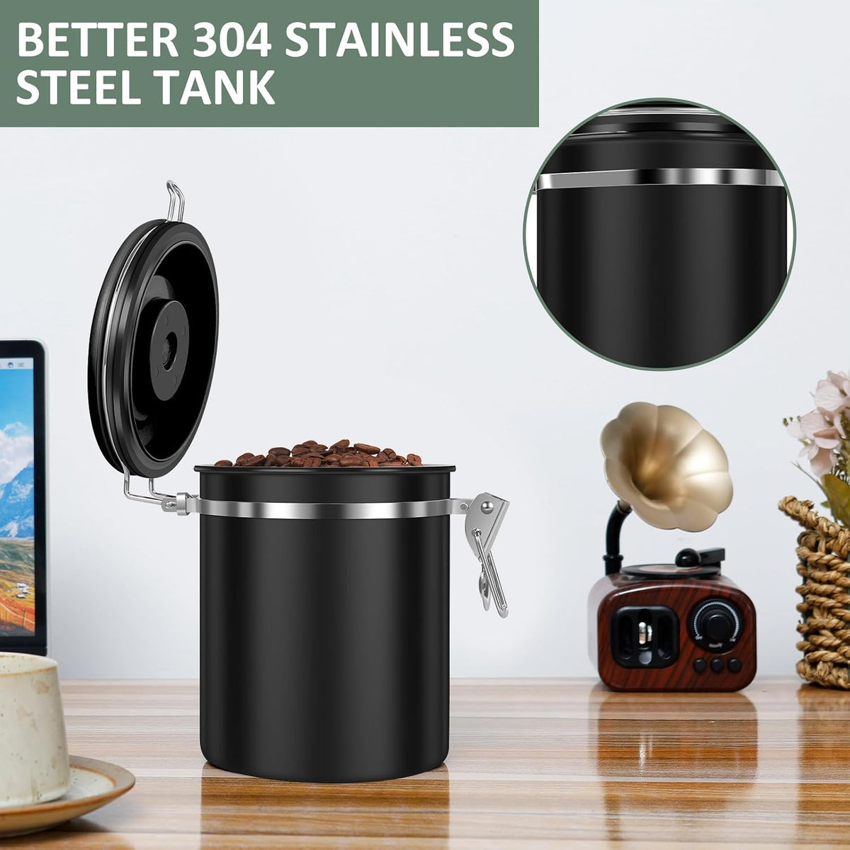 4PCS Coffee Storage Canister 1.5L 51OZ Double Airtight Coffee Beans Container with Date Locator 304 Stainless Steel Kitchen Food Storage Container with Spoon for Tea Sugar