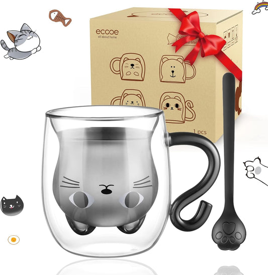 ecooe Cute Cat Mug Glass Coffee Cup 9.8oz Double Walled Glass Mug Cappuccino Latte Glass Cup with Handle Spoon, Milk Tea Cat