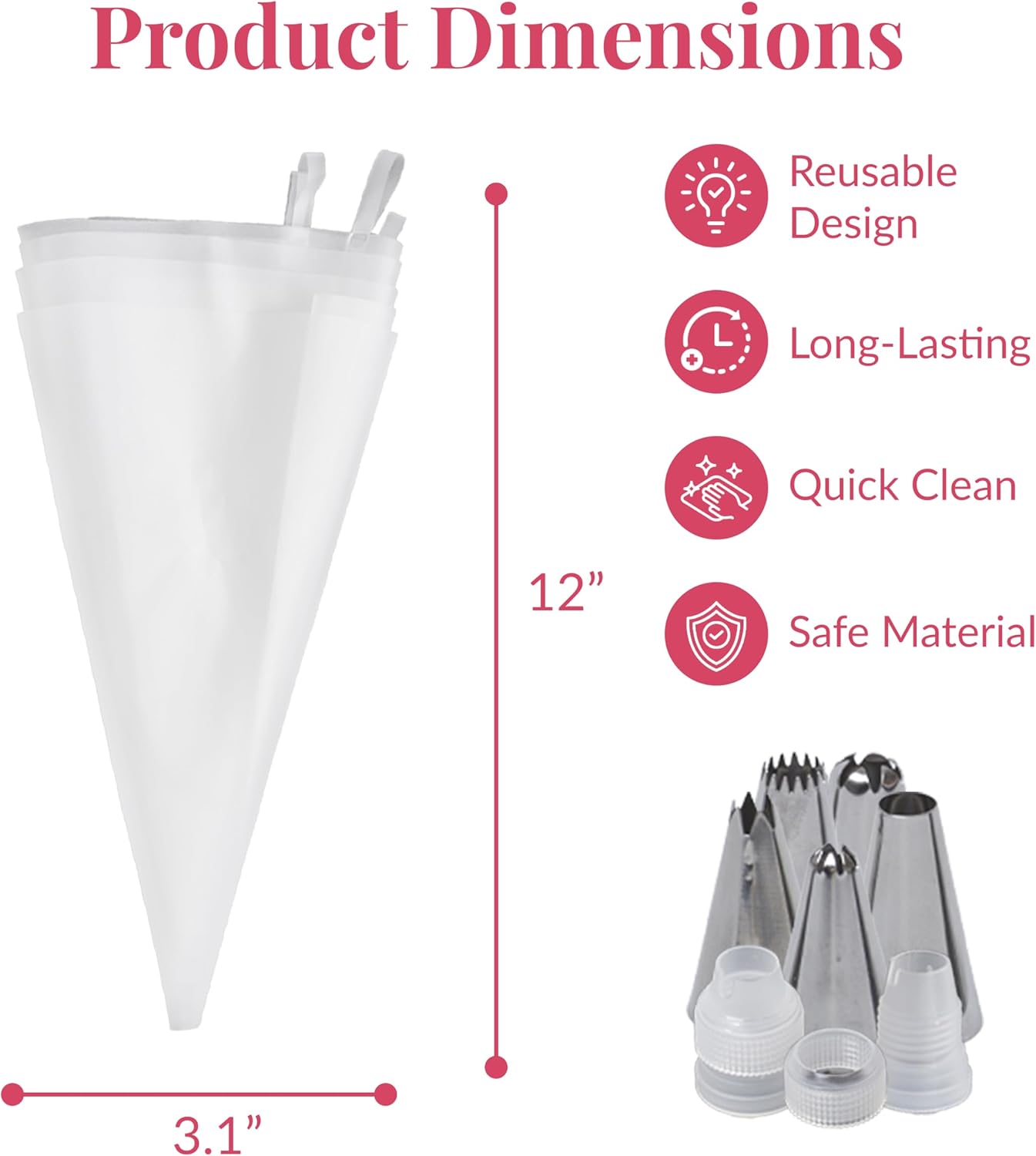 Anti Burst Piping Bags 12 Inch - Prestee Tipless Icing Bags - Durable Frosting Piping Bag Tools - Pastry and Cookie Decorating Supplies (5 Piping Bags with Tips and Couplers)