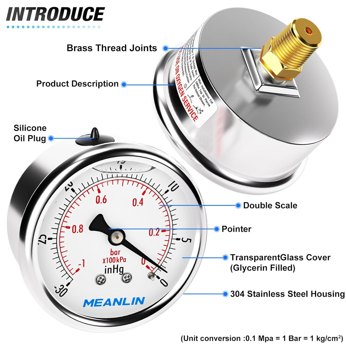MEANLIN MEASURE -30inHG~0Psi Stainless Steel 1/4" NPT 2.5" FACE DIAL Vacuum Pressure Gauge, Center Back Mount, with 1/2" NPT and 3/8" NPT Hex Bushing