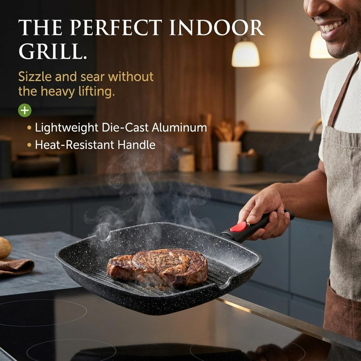 Moss & Stone Square Grill Pan for Indoor Cooking, 11-Inch Nonstick Griddle Skillet with Removable Handle, RV Die-Cast Aluminum Stove Top Grill Pan for Meats & Vegetables, Detachable Handle