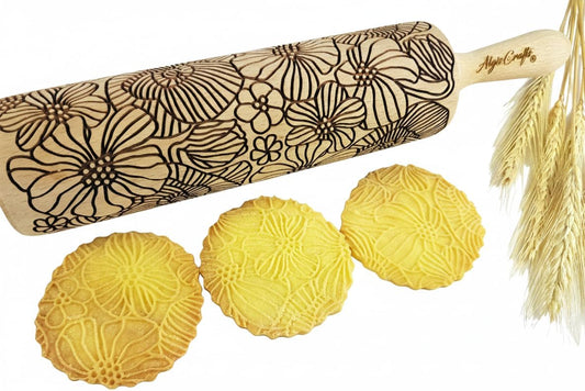 POPPY Embossing Rolling Pin with Wildflower Corn Poppies Pattern. Dough roller for embossed cookies and Pottery by Algis Crafts