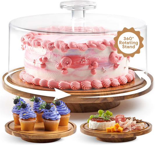 Rotating Cake Stand With Lid - 12 Inch Round Cake Holder with Cover, 4” Tall, Acacia Wood Spinning Cake Turntable for