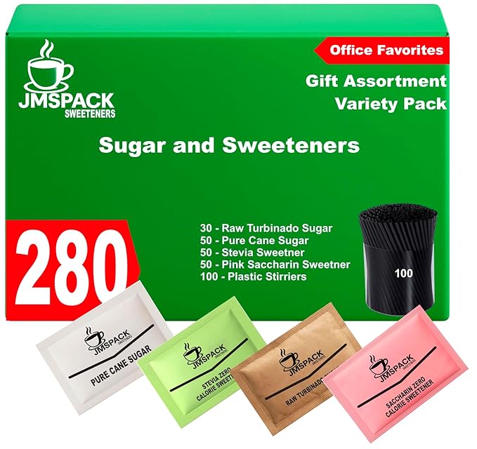 Sugar and Sweeteners Variety Pack - 50 Pure Cane Sugar, 30 Brown Sugar, 50 Stevia Leaf Sweetner, 50 Pink Sweetener, 100 Plastic Stirrers - Perfect for Coffee, Tea, Baking, Office, Restaurant, Sugar and Sweetener Assortment Packets .