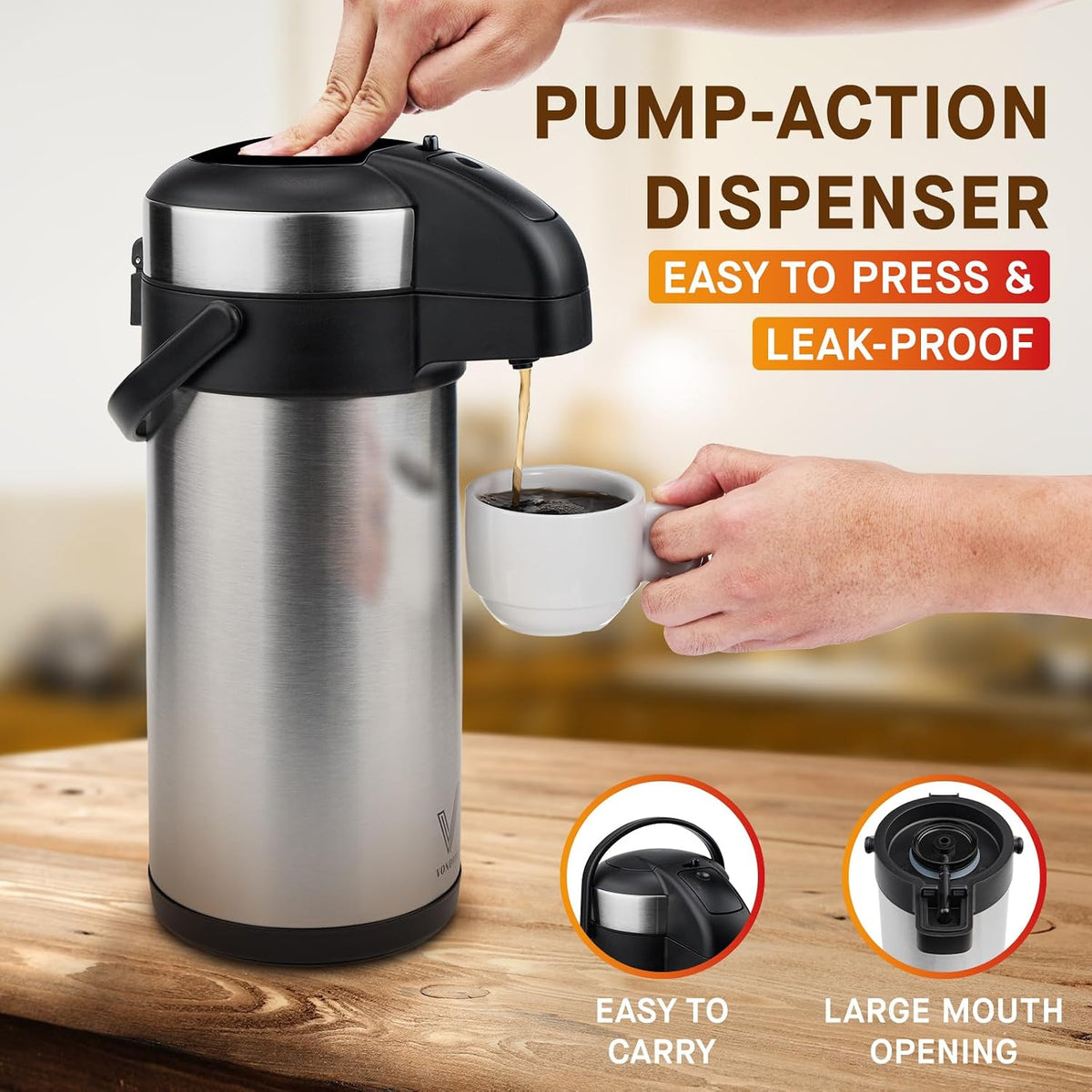VONDIOR Airpot Coffee Dispenser with Pump - 169 Oz Insulated Stainless Steel Coffee Carafe - Thermal Beverage Dispenser - Coffee Urn for Hot/Cold Water, Party Chocolate Drinks