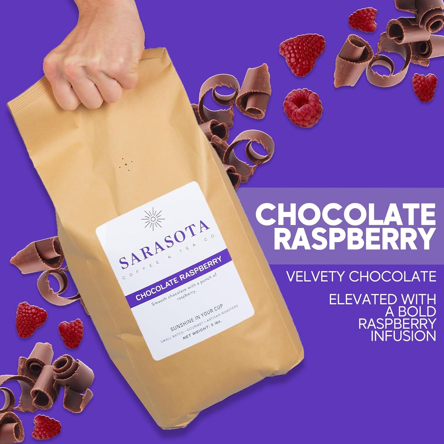 Sarasota Coffee Whole Bean Chocolate Raspberry | Medium Roast Gourmet Flavored Coffee Beans | Low Acid, Mold Free, Specialty Grade Bulk Coffee Beans | 5lb (80 oz)