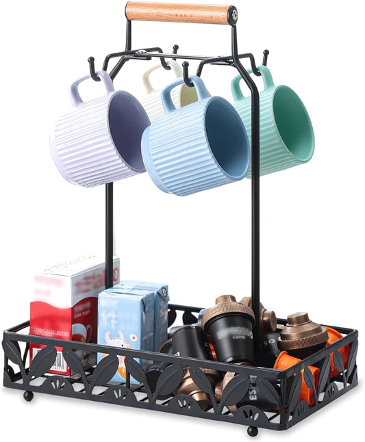 Coffee Mug Holder for Countertop, Mug Tree & Mug Rack with Storage Basket, 2-in-1 Organizer Holds 4 Large Mugs, Kitchen Cup