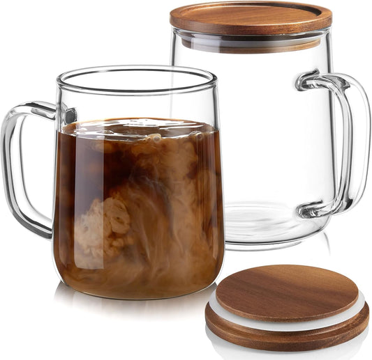 Glass Coffee Mugs, 14 oz Glass Coffee Cups with Acacia Wood Lids, Clear Borosilicate Glass Mugs with Handles for Cappuccino,