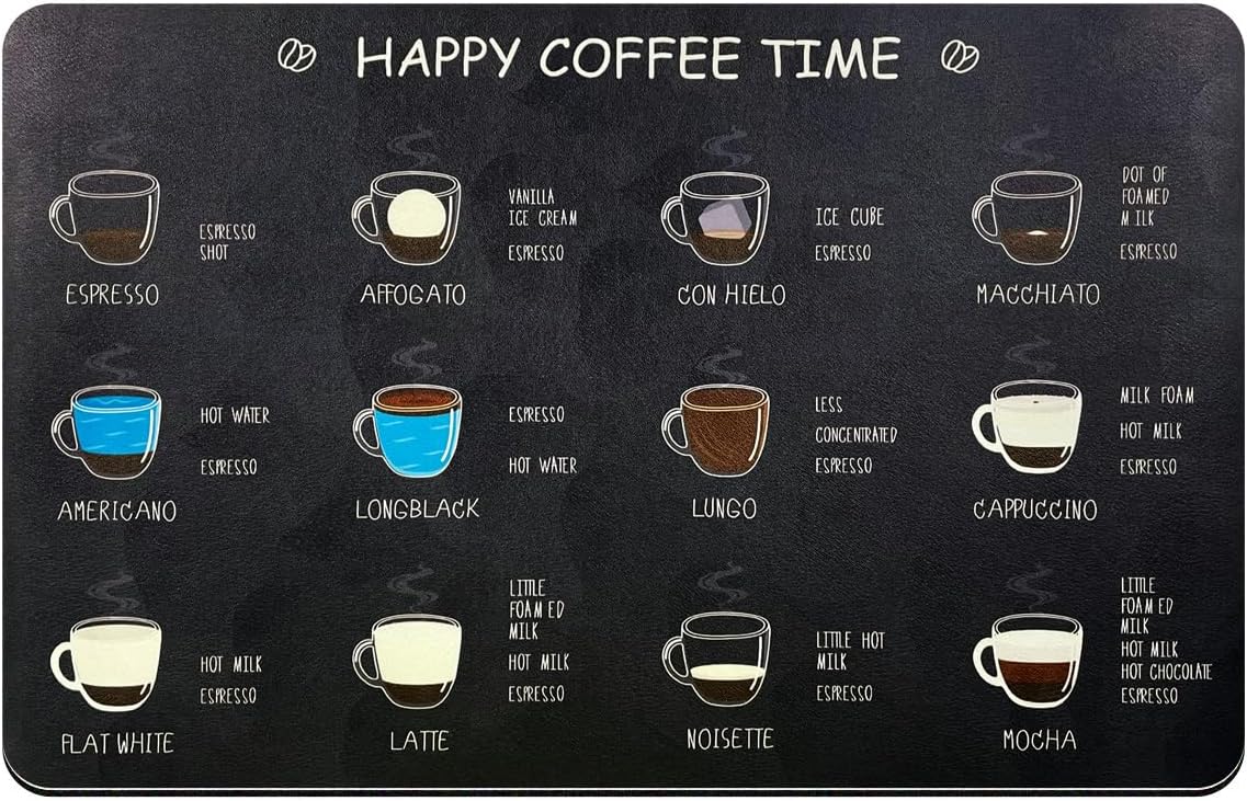 Matace Coffee Bar Mat for Countertop, Absorbent Coffee Station Decor Accessories, Non-Slip Dish Drying Mat, Hide Stains Rubber Backing, 12" x 19", Coffee Flavor Menu