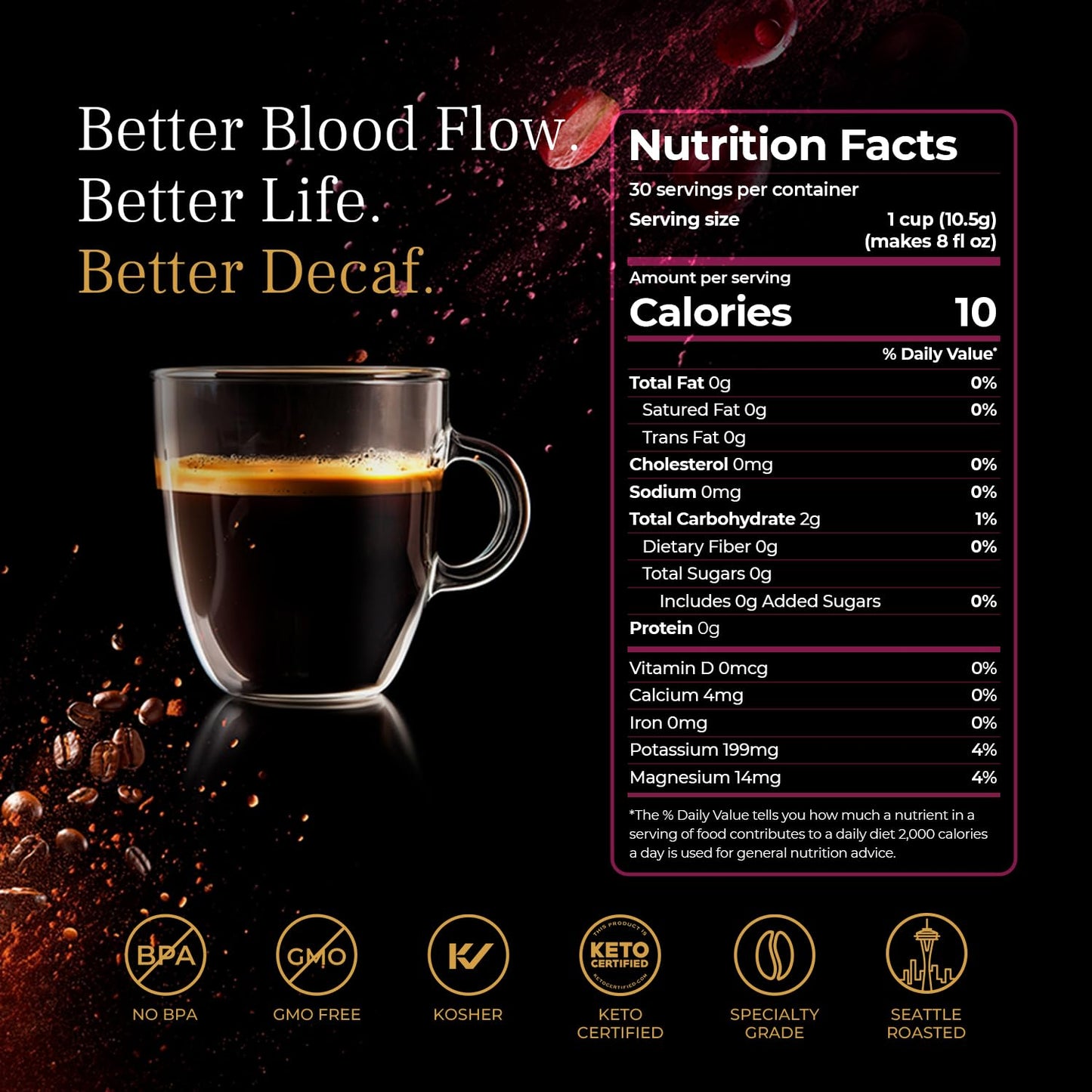 VINIA Blood Flow | Decaf Medium Dark Roast Coffee Pods | K-Cup Pods, 30 Ct | Functional Coffee | 100% Arabica | Red Grape Piceid Resveratrol | Heart Health, Physical Energy, Alertness, Circulation