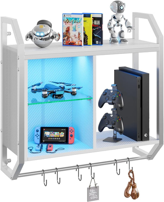 Bestier LED Gaming Floating Shelves for Wall, 25" Wall Mounted Shelf Pipe Adjustable Glass Shelves, White Hanging Display