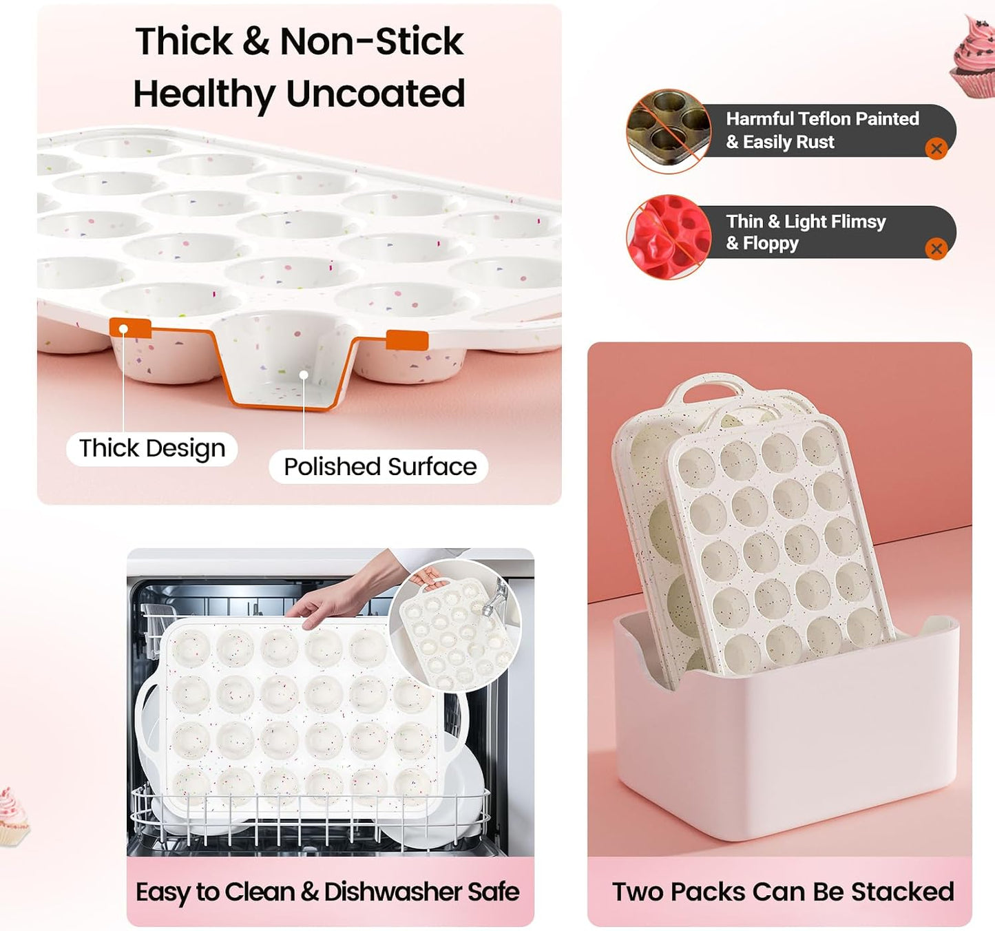 Silicone Mini Muffin Pan With Metal Reinforced Frame - 24 Cups Durable Silicone Cupcake Pan for Muffin, Cupcakes, BPA Free and Dishwasher Safe - 1 Piece Beige with Rainbow Spots