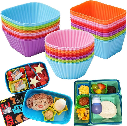 Silicone Bento Lunch Box Dividers 3 Shapes of Standard Round & Square & Rectangle - Reusable Silicone Cupcake Liners