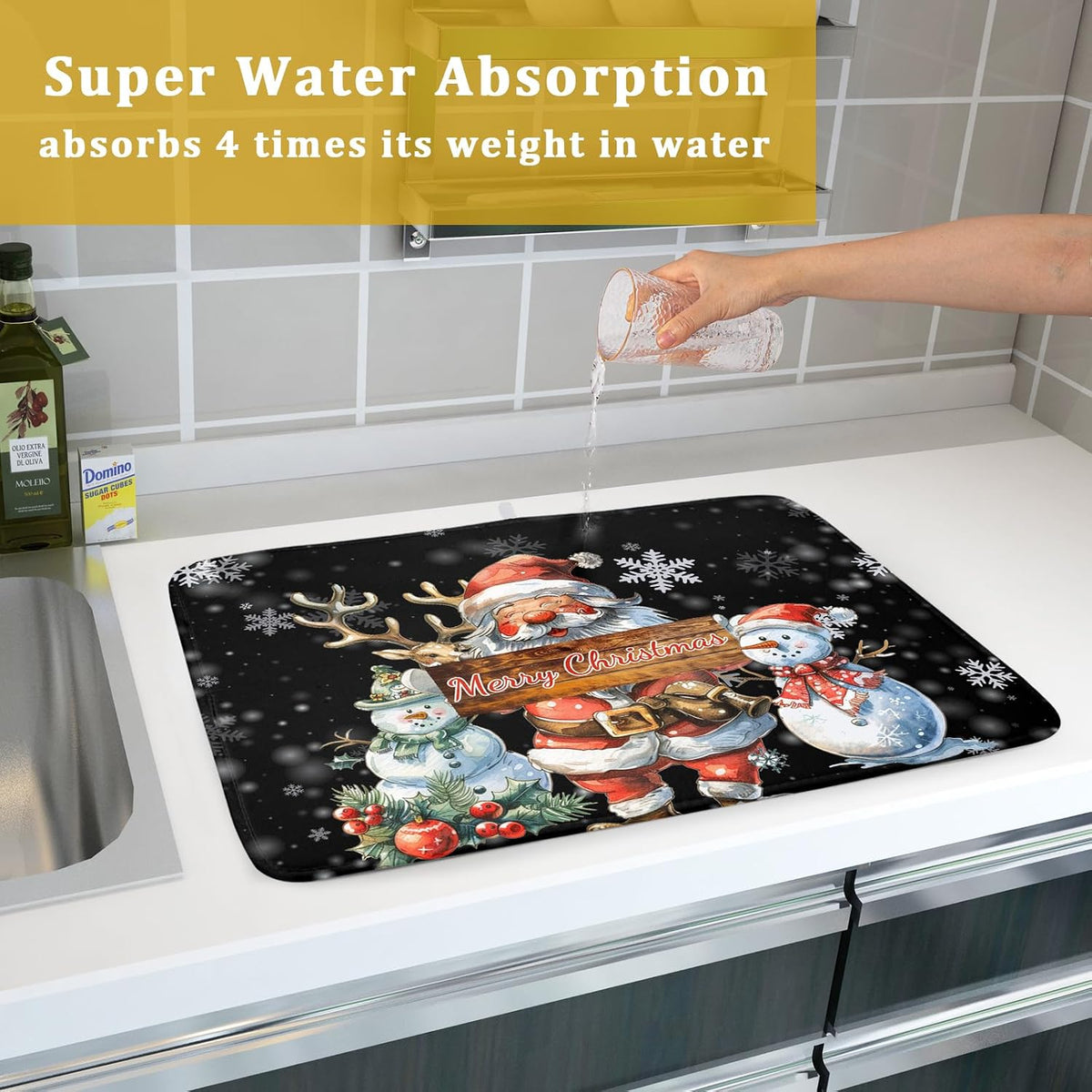 Christmas Santa Snowman Dish Drying Mats for Kitchen Counter 16"x18" Merry Christmas Santa Claus Dish Drying Mats Absorbent Microfiber Reversible Dishes Pad Dish Drainer Mat for Kitchen Accessories