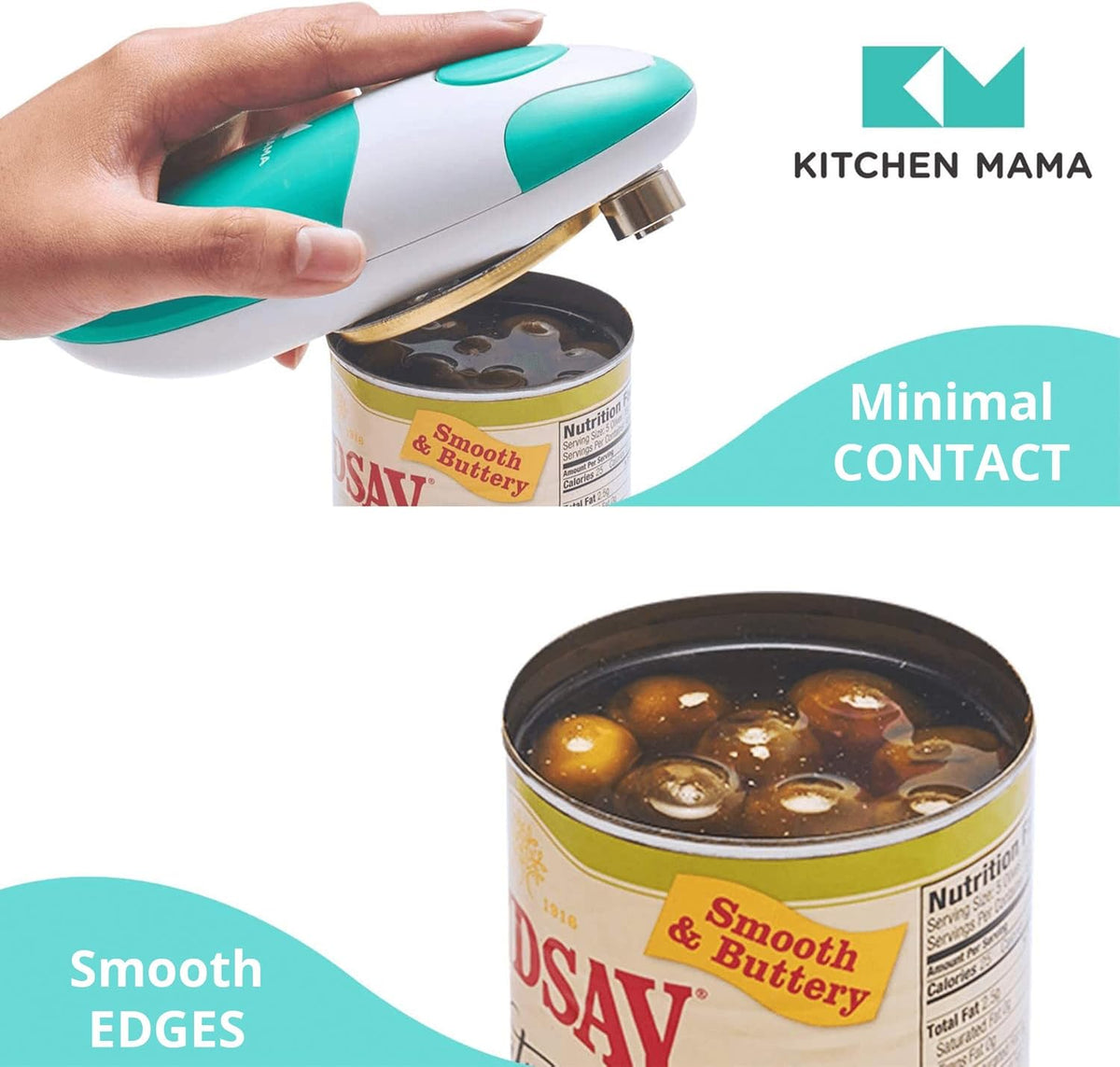 Kitchen Mama Auto Electric Can Opener: Safe, Easy with One Touch, Smooth Edge, Battery Operated, Cordless, Automatic Can Opener for Seniors with Arthritis, Hand Free Appliances, YES YOU CAN (Teal)