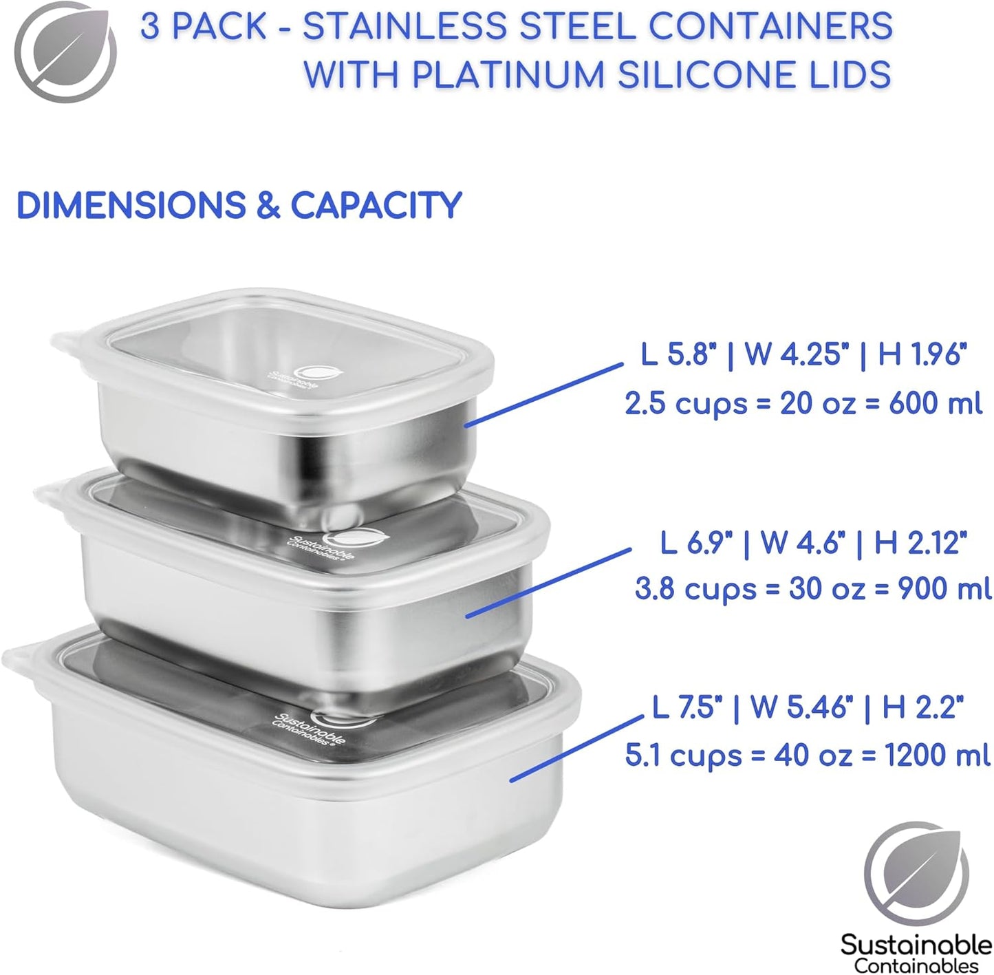 Stainless Steel Food Storage Containers with Clear Platinum Silicone Lids, Airtight