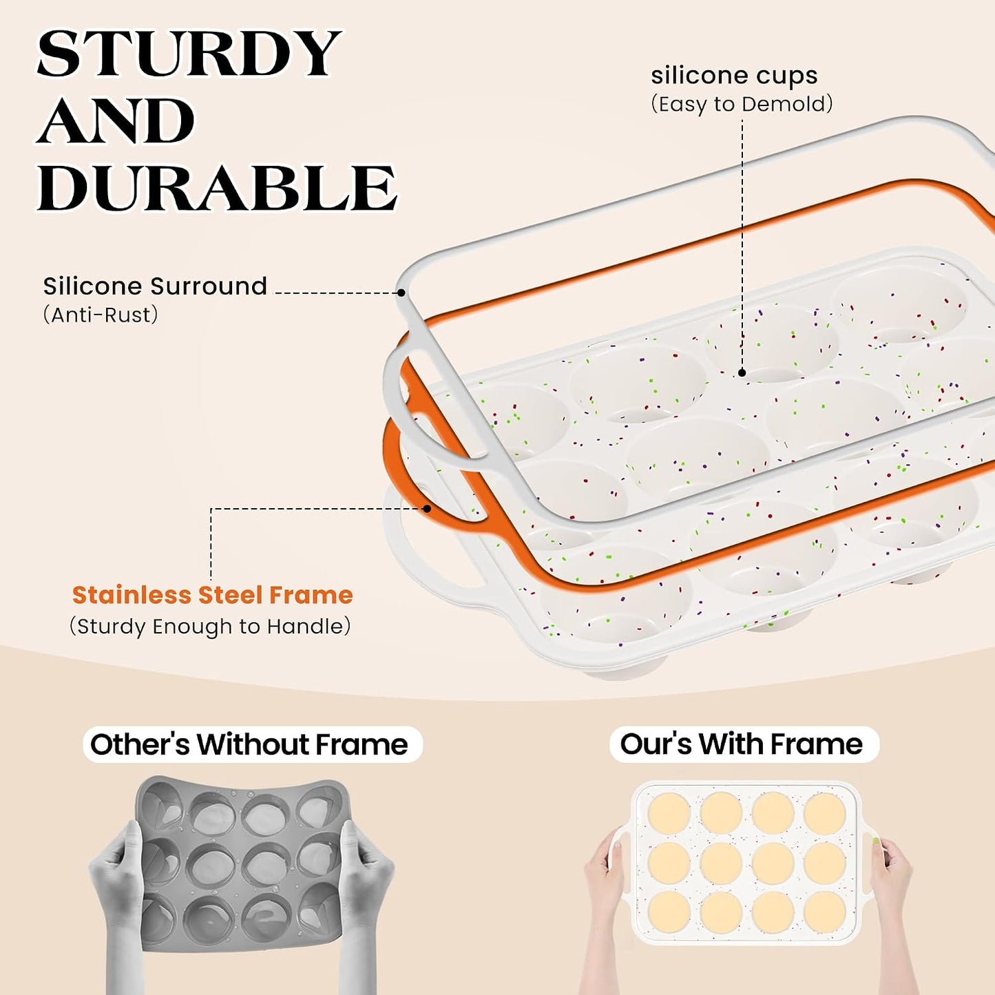 2 Pcs Silicone Muffin Pan with Metal Frame Nonstick 12 Cup Regular Size Cupcake Pan Silicone Muffin Tray for Baking Egg Bites Muffins Cupcakes Gifts for Mom Home Baker Kitchen (Cream) | Metal Frame, Nonstick, For Baking Egg Bites Muffins Cupcakes, Gifts f