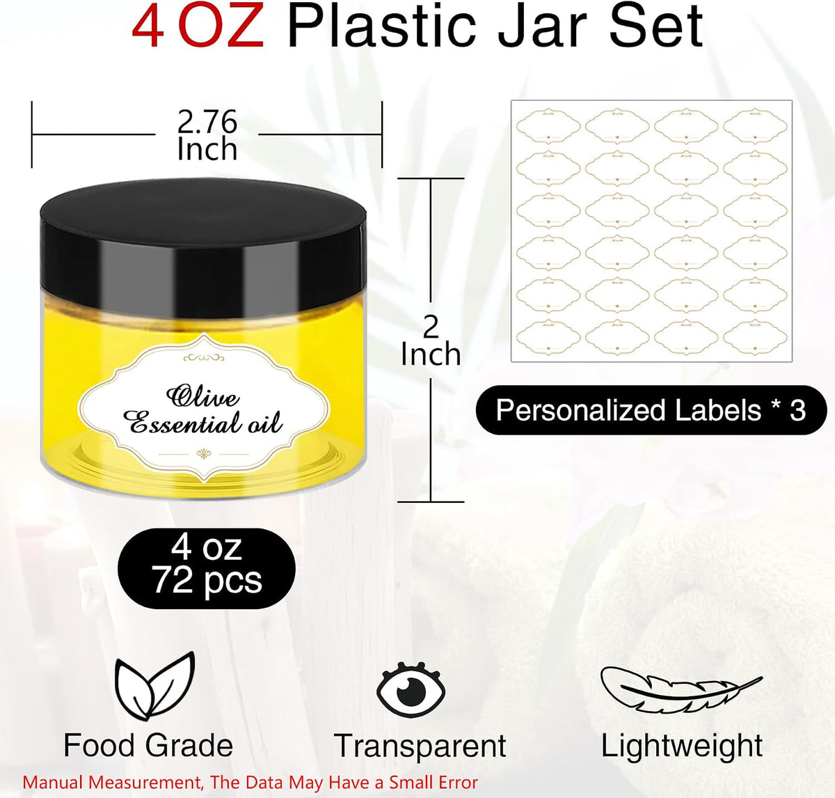 PeacePeo Plastic Jars with Lids 4 OZ, 72 Pack Clear Slime Containers | Empty Refillable, Black Screw on Lids, Organize Small Items, Samples, Lotions &amp; Beauty Products, Keep Home Kitchen Neat