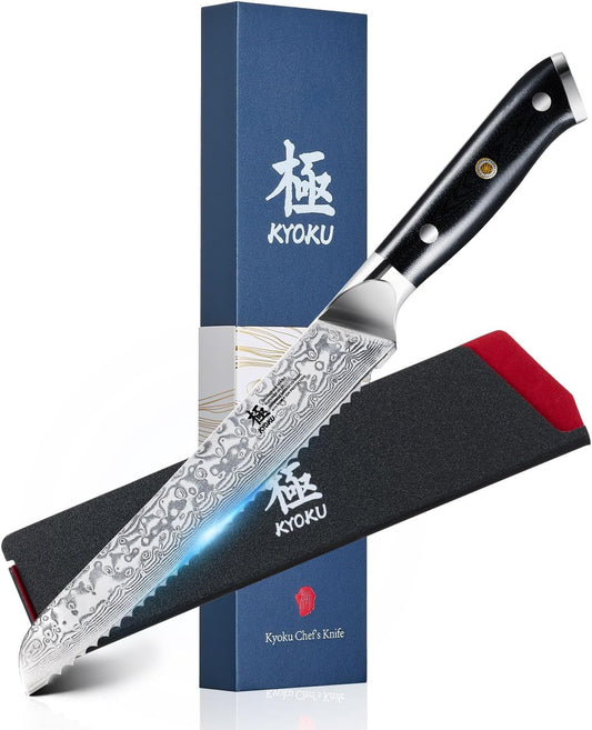 KYOKU 8" Serrated Bread Knife - Gin Series - VG10 Damascus Japanese Steel Kitchen Knife with Silver Ion Blade G10 Handle
