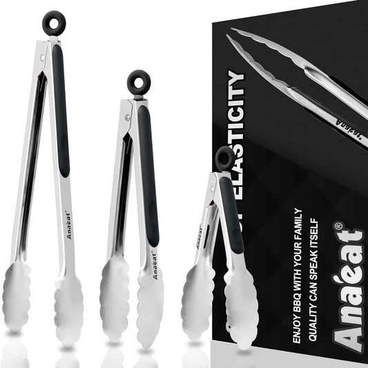 Anaeat Premium Kitchen Locking Tong Set of 3 - Heavy Duty Stainless Steel Food Tongs with Long Handle & Non-Slip Silicone