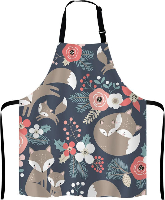Cute Fox Family and Flowers Bib Apron with Adjustable Neck for Men Women,Suitable for Home Kitchen Cooking Waitress Chef