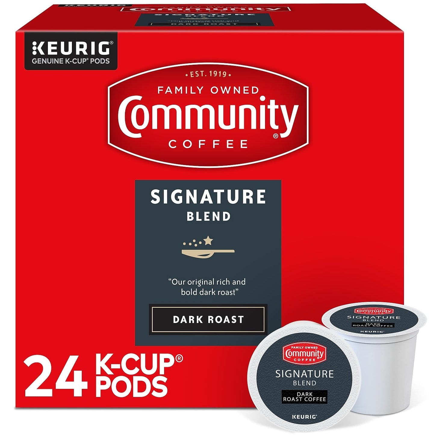 Community Coffee Signature Blend 24 Count Coffee Pods, Dark Roast, Compatible with Keurig 2.0 K-Cup 