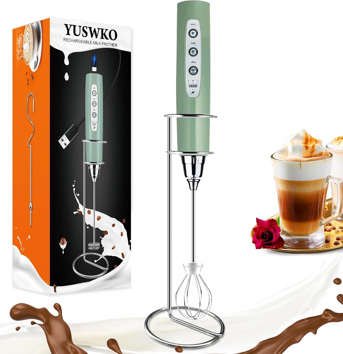 YUSWKO Granite Rechargeable Milk Frother for Coffee with Stand, Handheld Drink Mixer with 3 Heads 3 Speeds Electric Stirrers