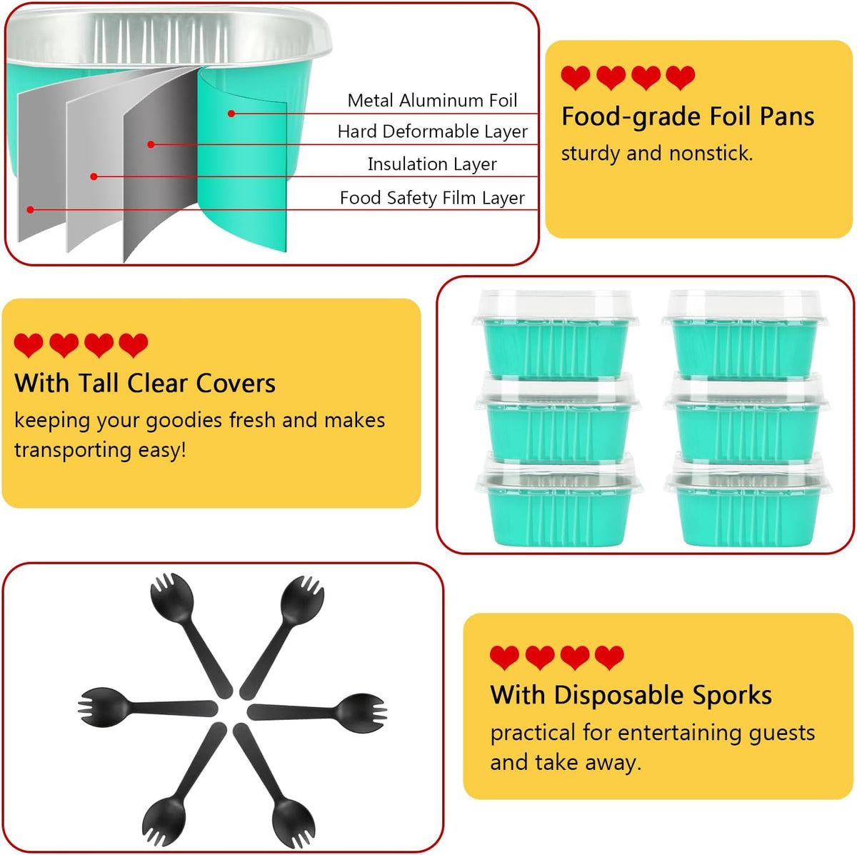 LNYZQUS 120 Pack 10oz Mini Cake Pans with Lids and Spoons for Bake Sales | Disposable, 4x4 Square Baking Tins, Individual Cinnamon Roll Containers, Small Foil Dessert Cups for Farm Stand, Blue