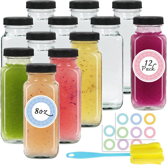12 pack 8 oz Glass Juice Bottles with Lids, Reusable Glass Water Bottles, 250 ml Juice Containers Drinking Jars with Brush,