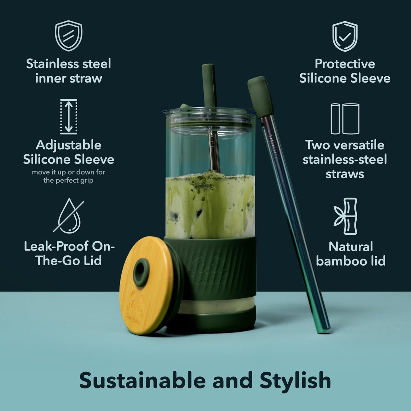 Pandaloo® Glass Cups With Lids and Straws -20 Fl Oz- Perfect Size Iced Coffee Cup - Smoothie Cup With Bamboo Lid and On the go Lid - Glass Tumbler With Straw (1 Count (Pack of 1), Amber Sand)