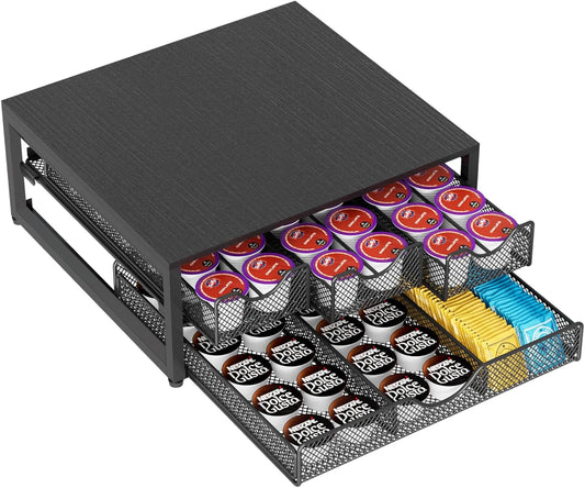 Coffee Pod Holder For Counter, 3 Pull-Out 72 K-Cup Holder Drawer, Wooden Cafe Pods Storage Organizer with Sliding Drawers