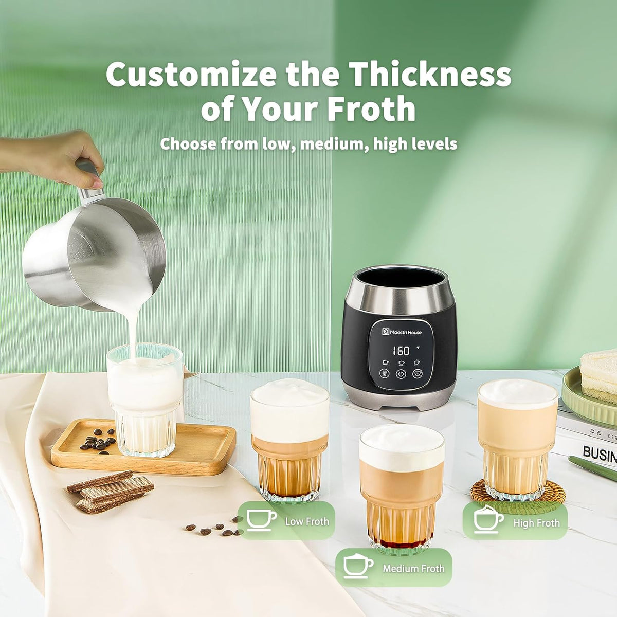 Maestri House DualFro 600 Milk Frother and Steamer 21oz/600mL | Variable Temp 4 Settings &amp; 3 Froth Levels, Memory Function for Latte Cappuccino Hot Chocolate, Dishwasher Safe,Brush Included