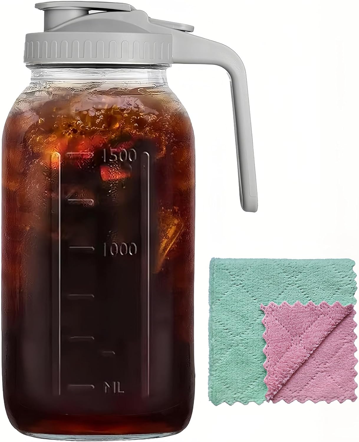 64oz Glass Pitcher Carafes With Handle and Lid, 2 Quart Mason Jar, Large Water Jug, Glass Containers