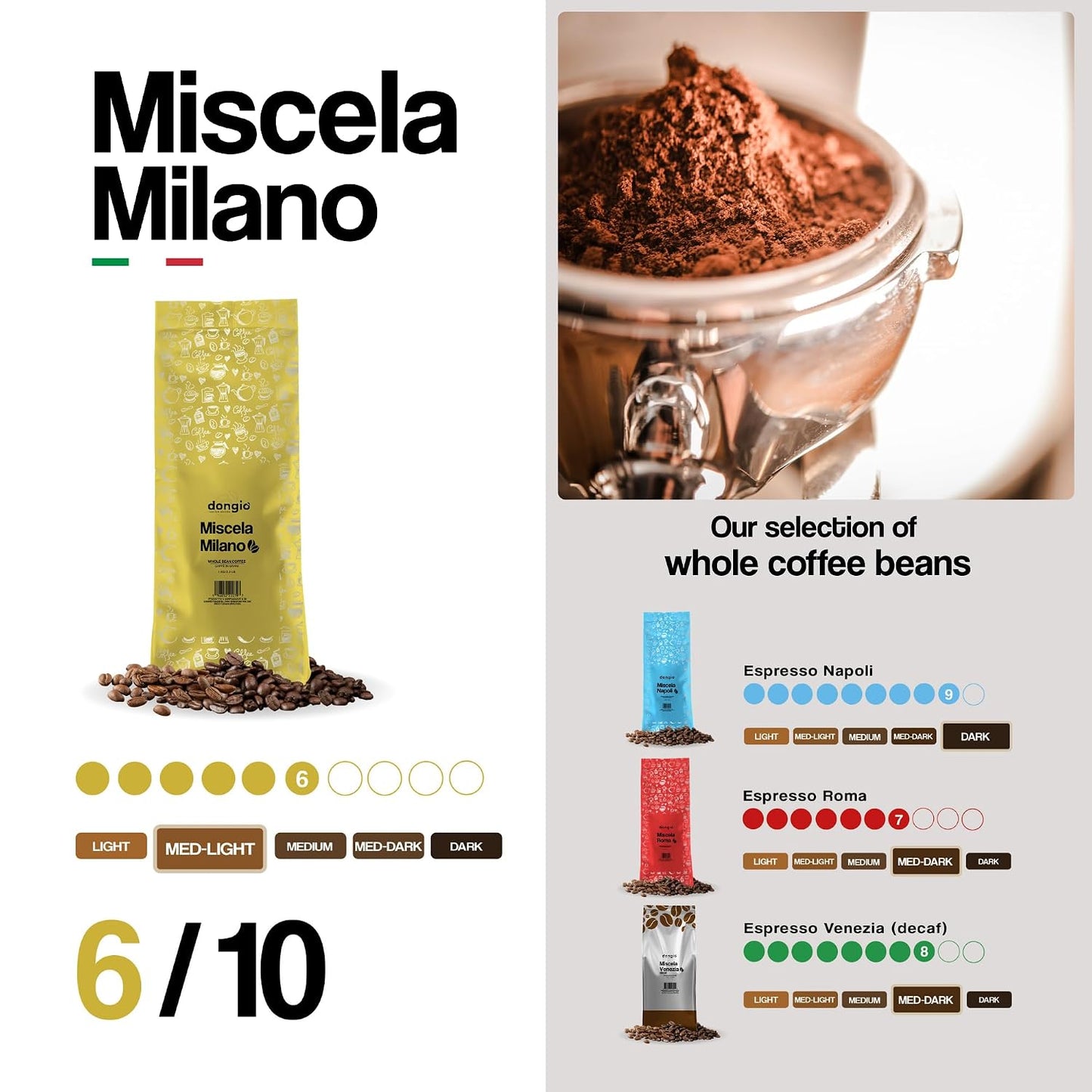 Dongio Caffe Milano Blend Whole Bean Coffee, Light Espresso Roast, 2.2 lb Bag, Roasted in Italy, Premium Italian Coffee Beans with Caramel &amp; Dried Fruit Notes